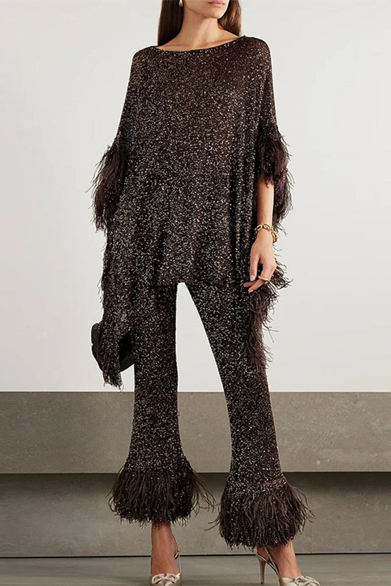 Celebrities Sequins Sequined O Neck Long Sleeve Two Pieces