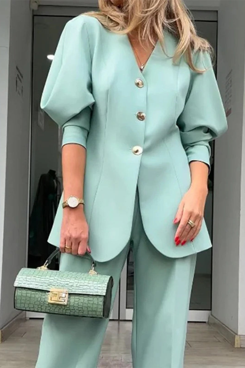 Buttons V Neck Long Sleeve Two Pieces