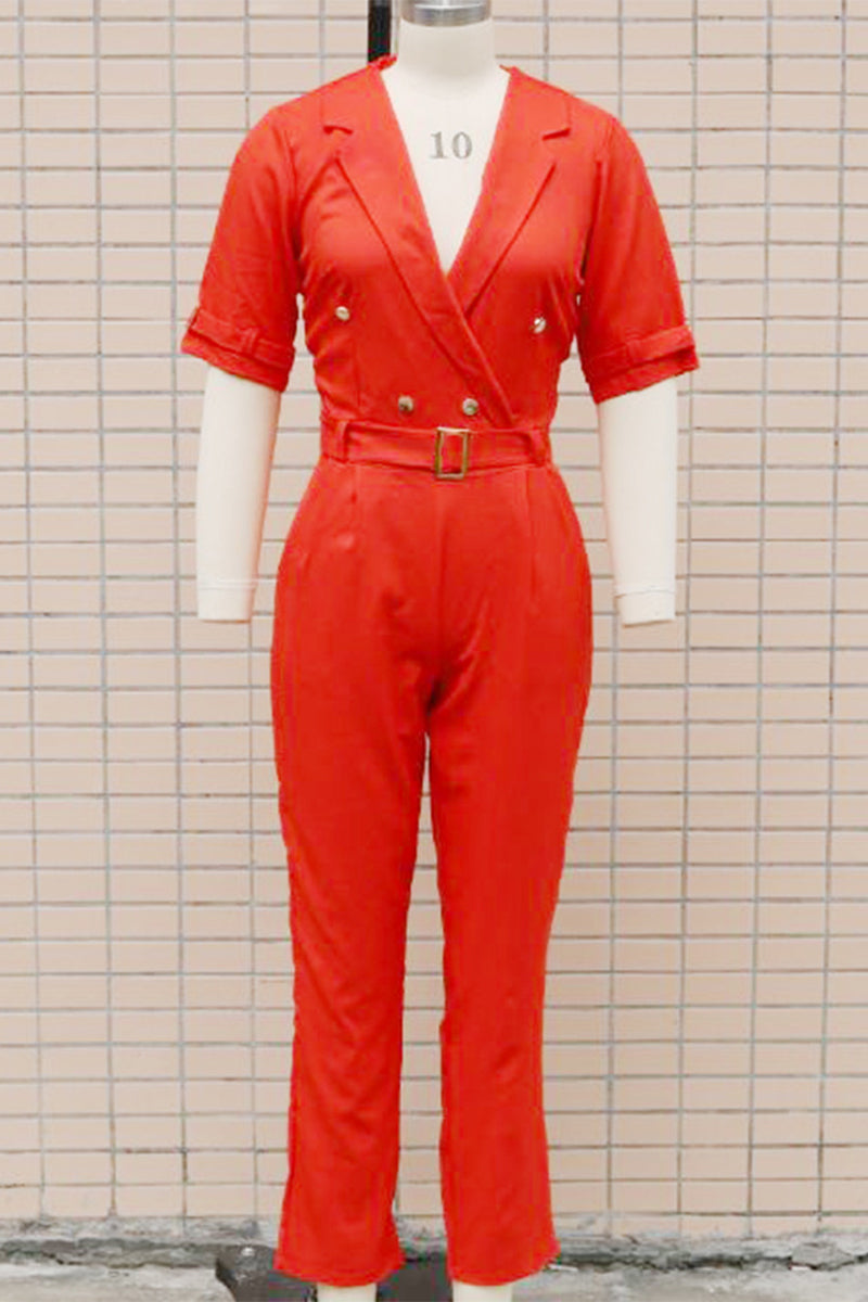Street Patchwork Buttons Turn-back Collar Regular Jumpsuits(5 Colors)