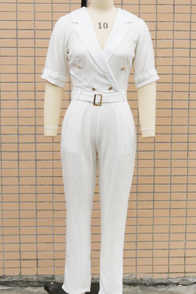 Street Patchwork Buttons Turn-back Collar Regular Jumpsuits(5 Colors)