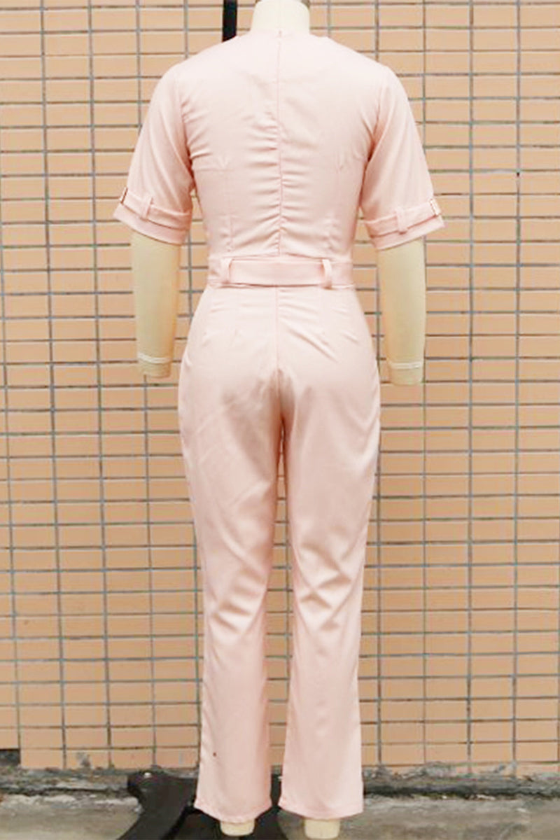 Street Patchwork Buttons Turn-back Collar Regular Jumpsuits(5 Colors)