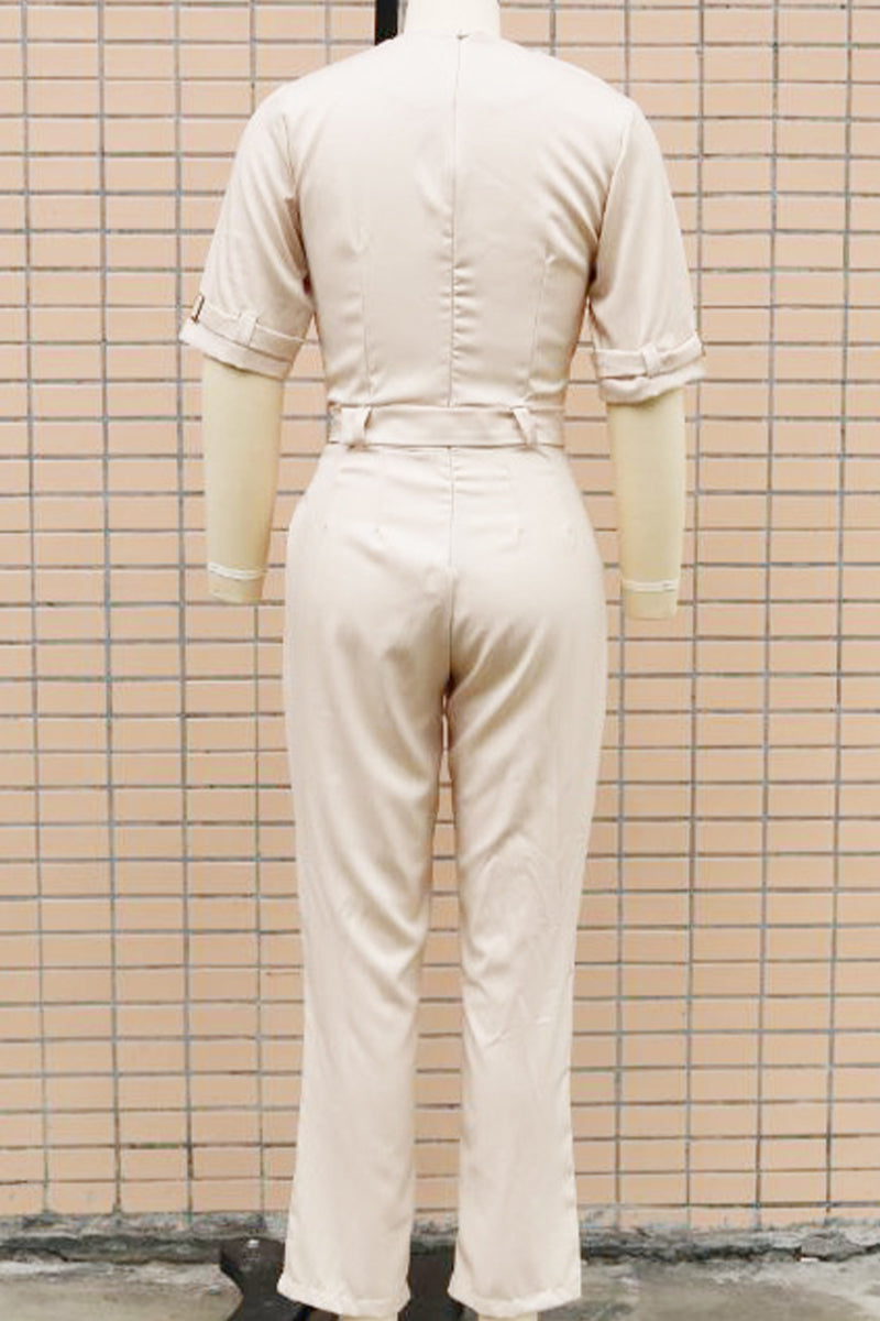 Street Patchwork Buttons Turn-back Collar Regular Jumpsuits(5 Colors)
