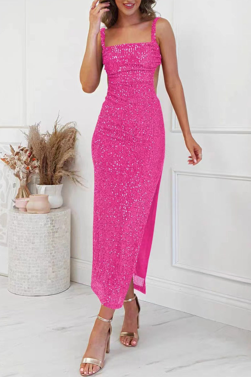 Sequins Slit Square Collar One Step Skirt Dresses