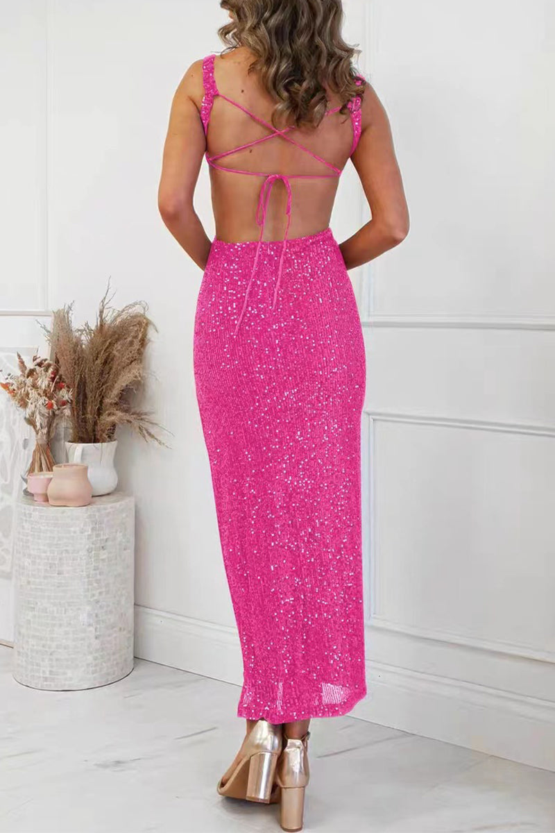 Sequins Slit Square Collar One Step Skirt Dresses