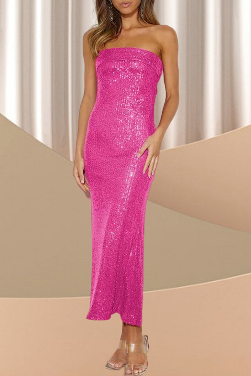Celebrities Sequins Strapless One Step Skirt Dresses