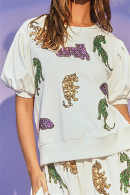 Animal Embroidered Sequins O Neck Short Sleeve Two Pieces