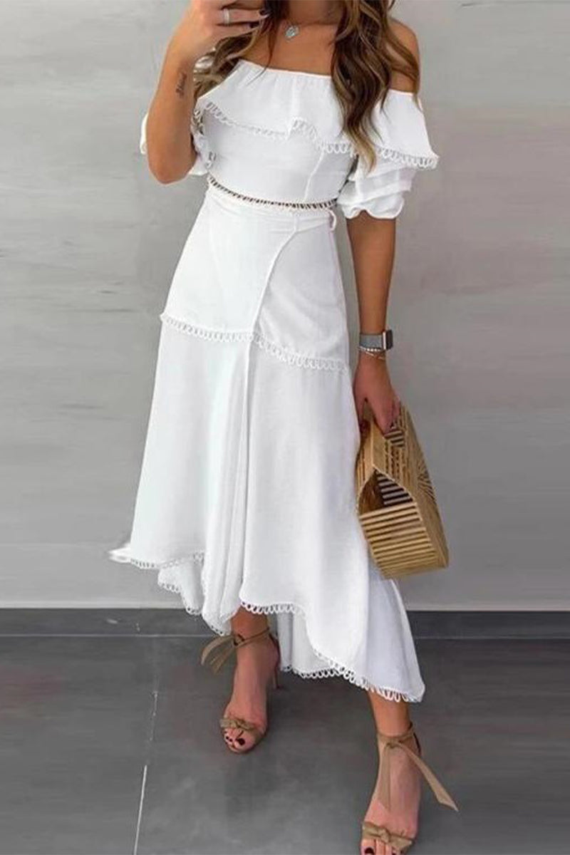 Sweet Lace Asymmetrical Off the Shoulder Short Sleeve Two Pieces