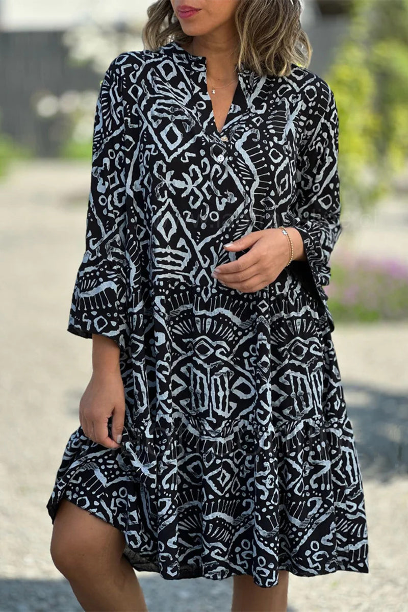Sweet Geometric Print Buttons V Neck Cake Skirt Dresses