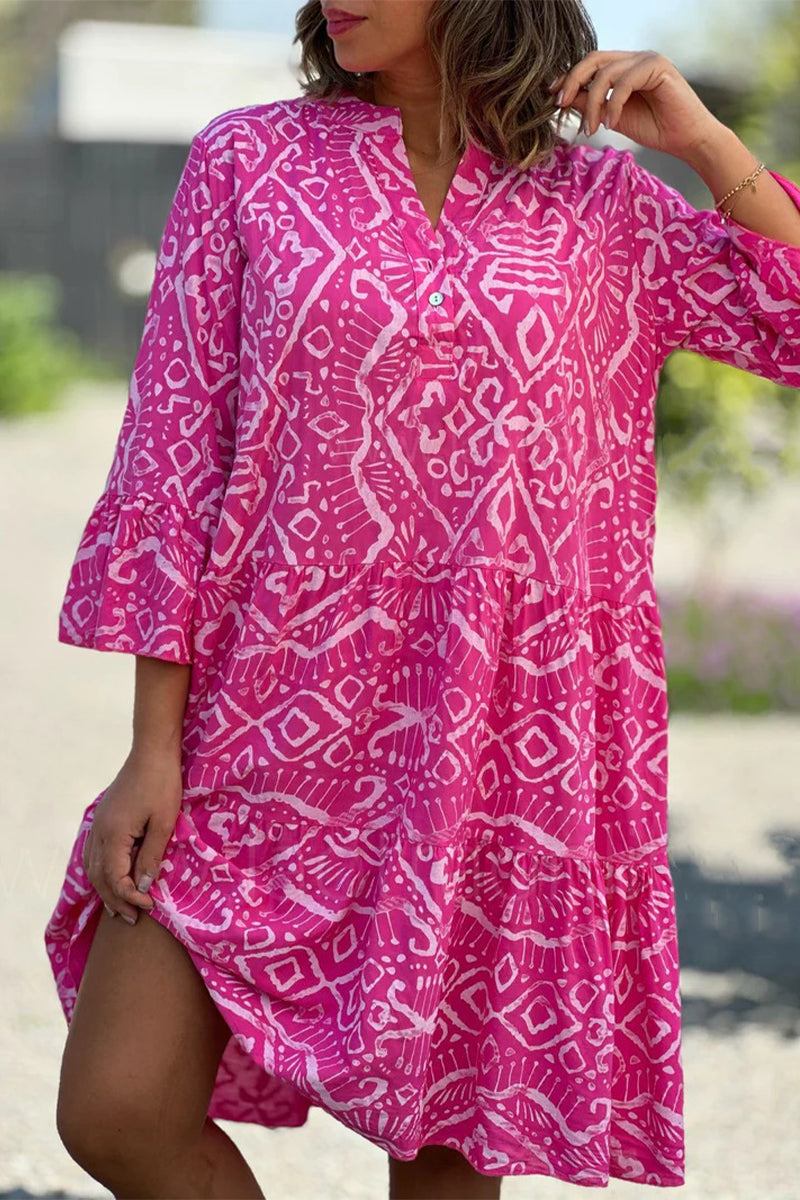 Sweet Geometric Print Buttons V Neck Cake Skirt Dresses