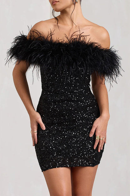 Sequins Feathers Off the Shoulder Wrapped Skirt Dresses