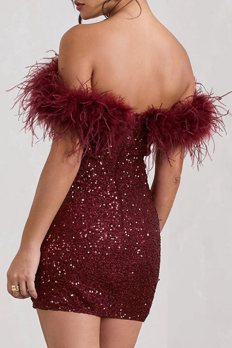 Sequins Feathers Off the Shoulder Wrapped Skirt Dresses