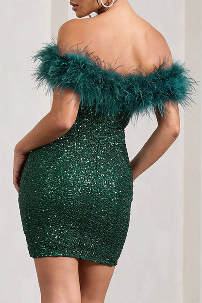 Sequins Feathers Off the Shoulder Wrapped Skirt Dresses