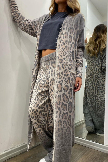 Print Leopard Pocket Cardigan Collar Long Sleeve Two Pieces