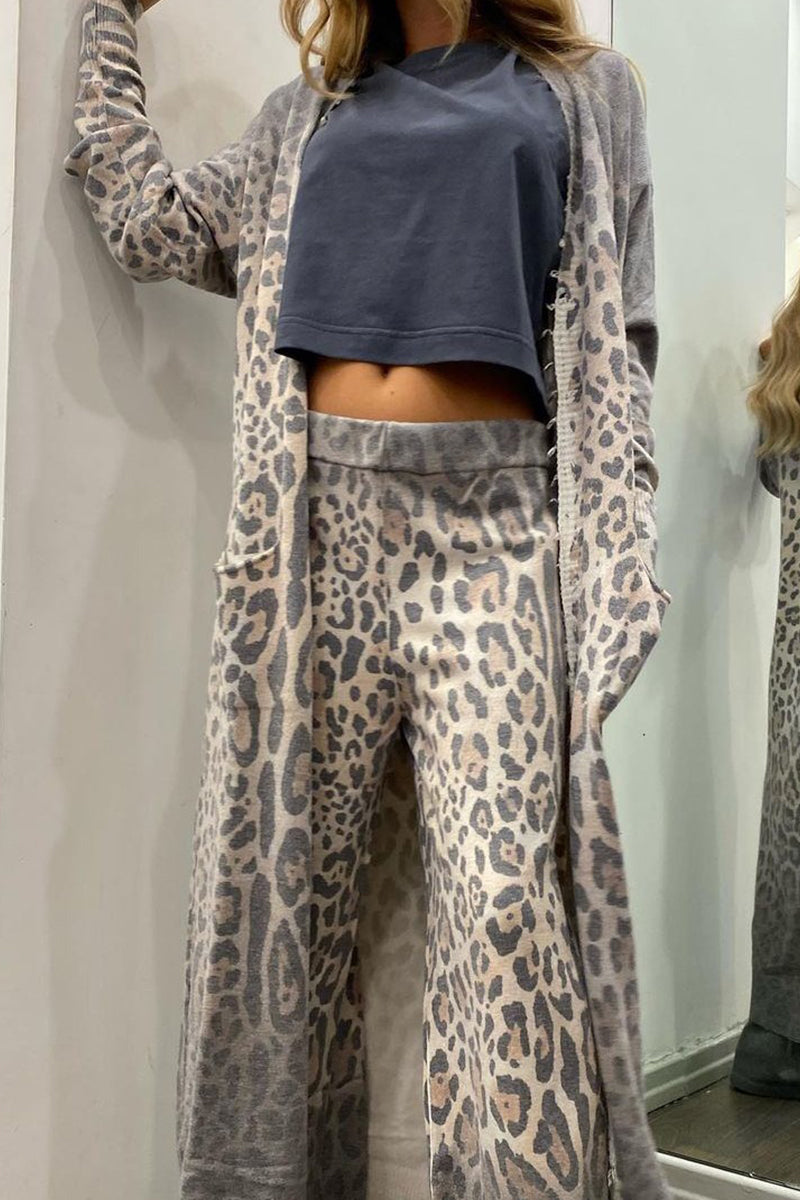 Print Leopard Pocket Cardigan Collar Long Sleeve Two Pieces