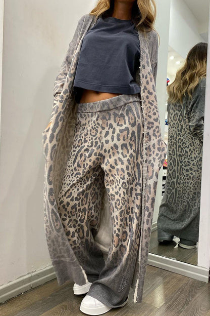 Print Leopard Pocket Cardigan Collar Long Sleeve Two Pieces