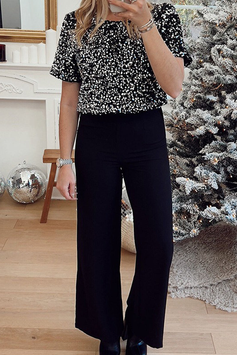 Sequins Sequined O Neck Loose Jumpsuits