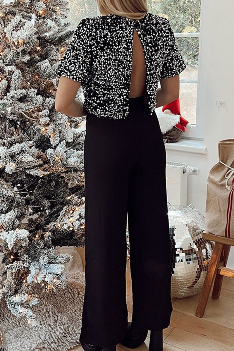 Sequins Sequined O Neck Loose Jumpsuits