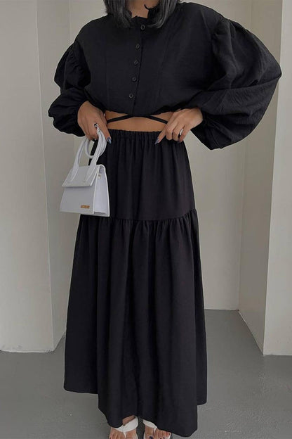 Patchwork Frenulum O Neck Long Sleeve Two Pieces