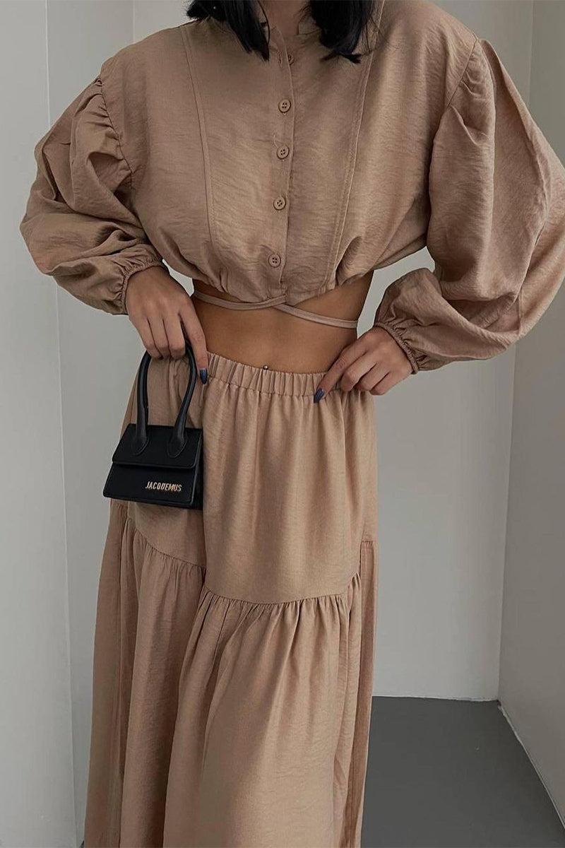 Patchwork Frenulum O Neck Long Sleeve Two Pieces