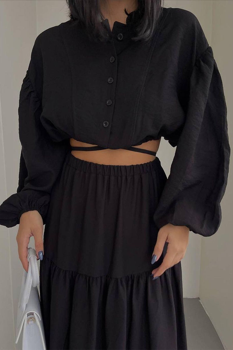 Patchwork Frenulum O Neck Long Sleeve Two Pieces