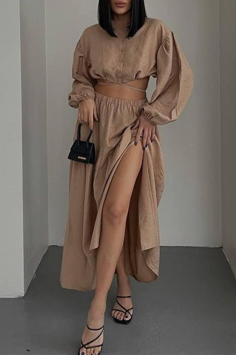 Patchwork Frenulum O Neck Long Sleeve Two Pieces