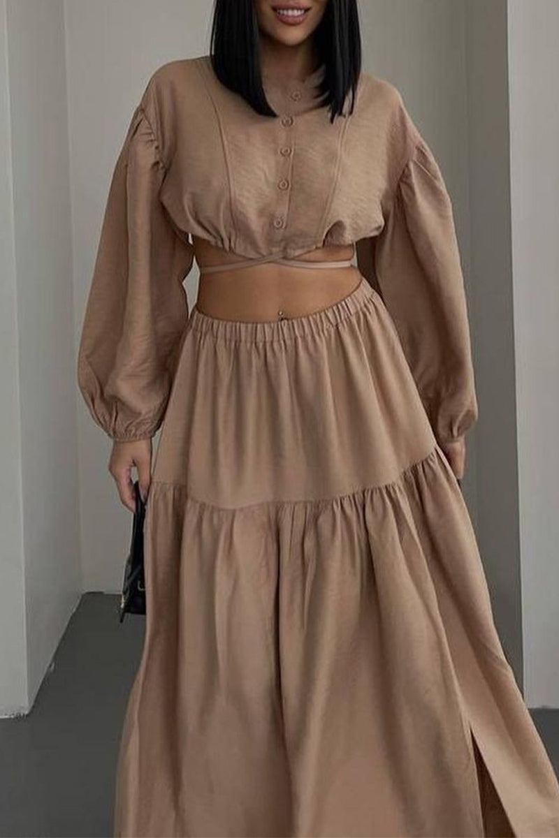 Patchwork Frenulum O Neck Long Sleeve Two Pieces