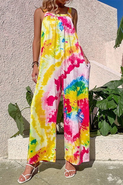 Print Pocket Square Collar Loose Jumpsuits