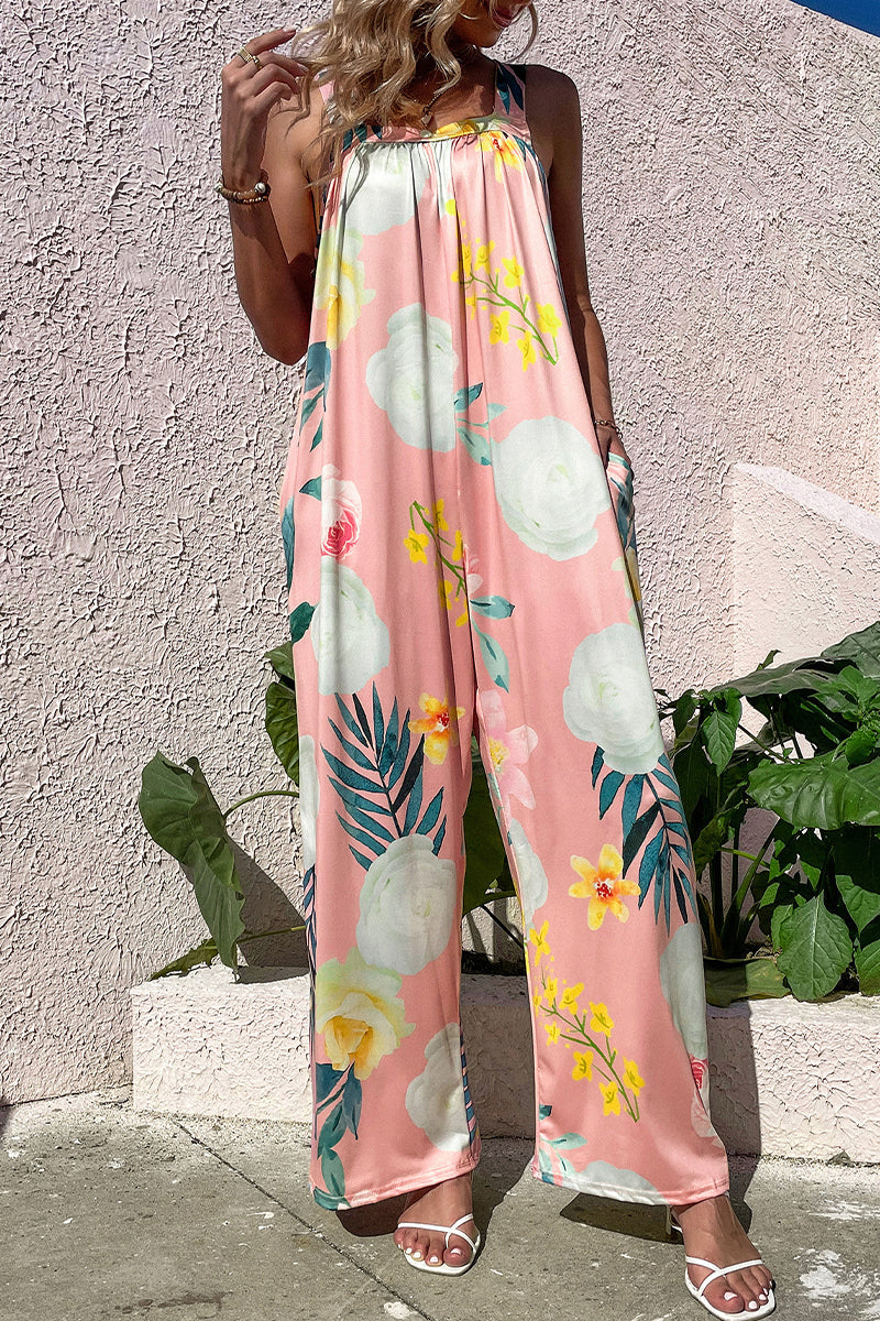 Print Pocket Square Collar Loose Jumpsuits