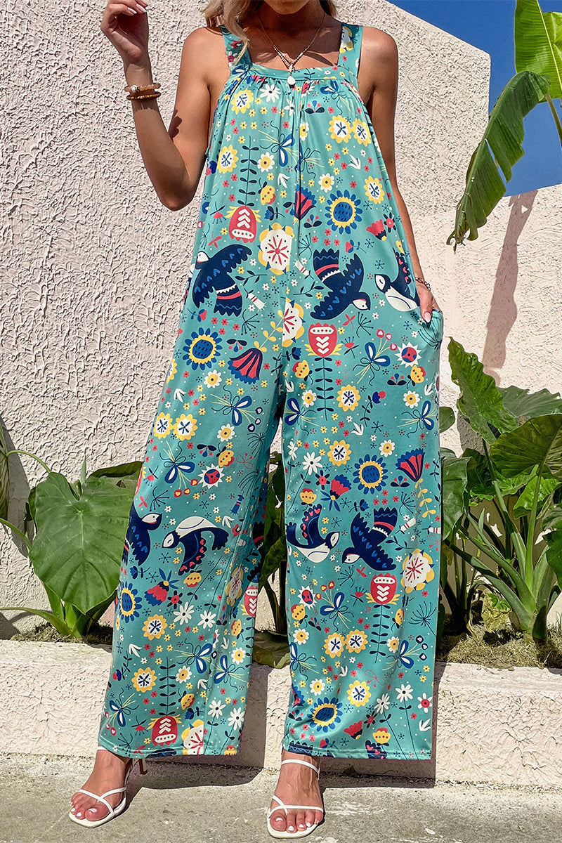 Print Pocket Square Collar Loose Jumpsuits
