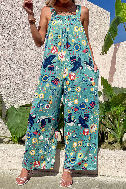 Print Pocket Square Collar Loose Jumpsuits