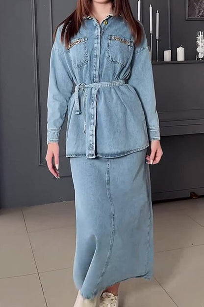 Simplicity Bandage Pocket Turndown Collar Long Sleeve Two Pieces