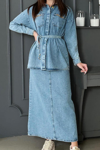 Simplicity Bandage Pocket Turndown Collar Long Sleeve Two Pieces
