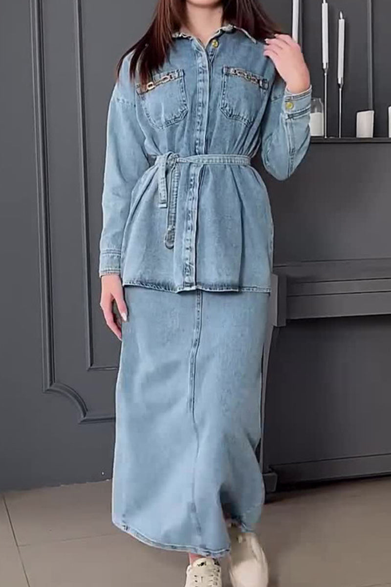 Simplicity Bandage Pocket Turndown Collar Long Sleeve Two Pieces