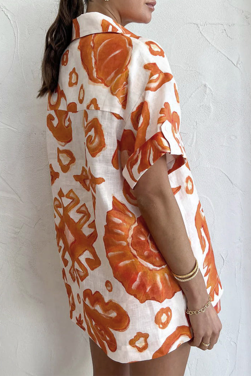 Not Positioning Printed Pocket Turndown Collar Short Sleeve Two Pieces