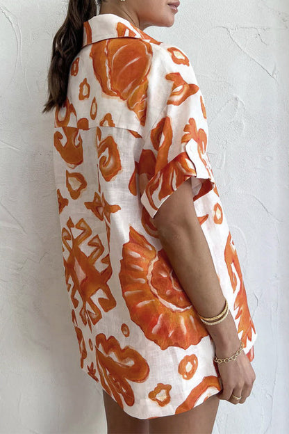 Not Positioning Printed Pocket Turndown Collar Short Sleeve Two Pieces