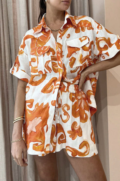 Not Positioning Printed Pocket Turndown Collar Short Sleeve Two Pieces