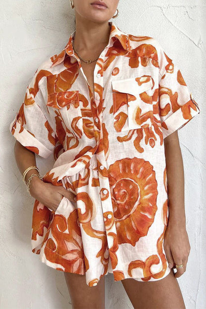 Not Positioning Printed Pocket Turndown Collar Short Sleeve Two Pieces