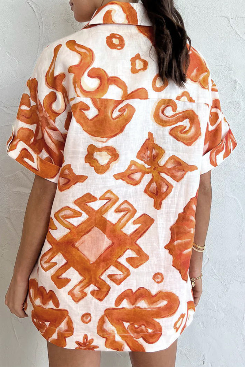 Not Positioning Printed Pocket Turndown Collar Short Sleeve Two Pieces
