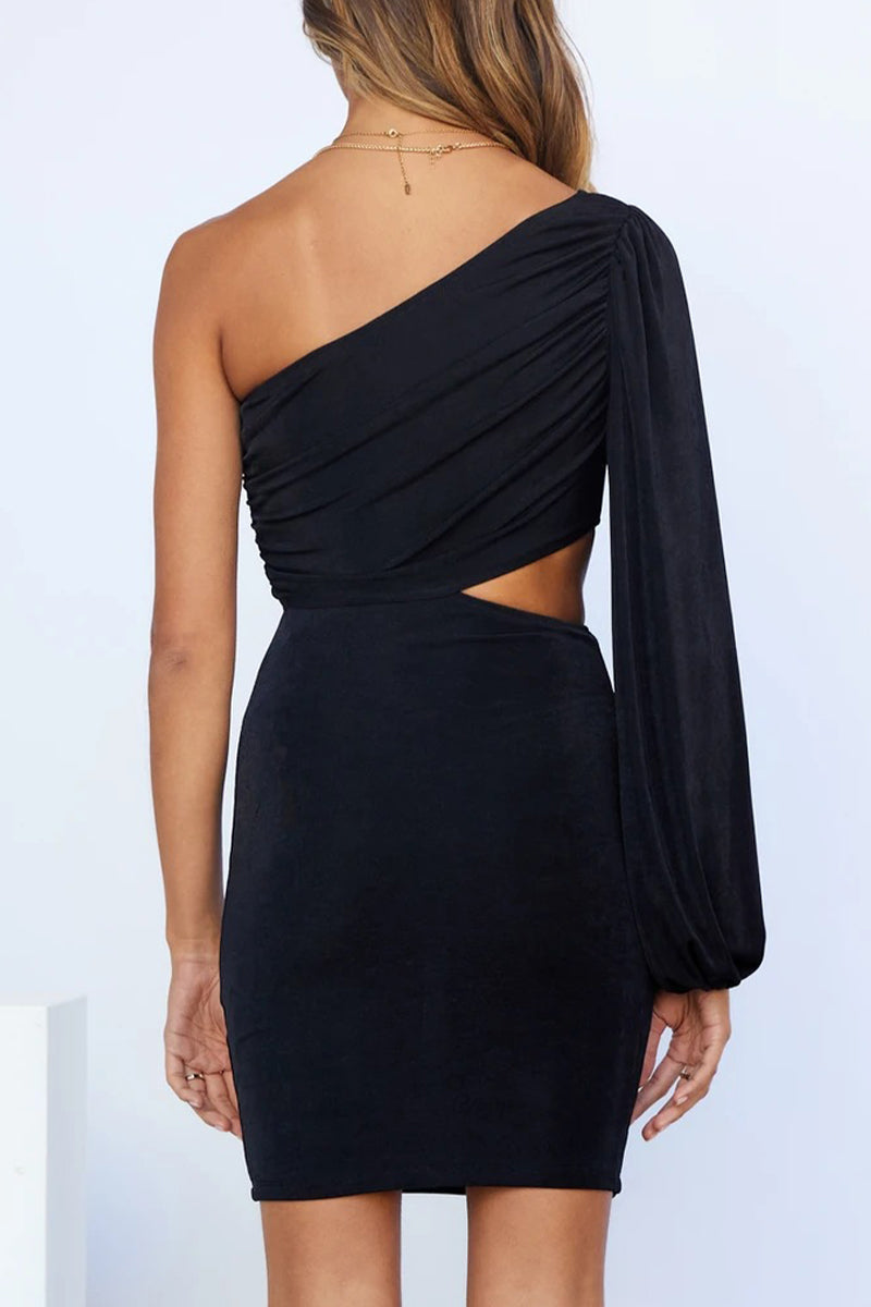 Hollowed Out Oblique Collar Wrapped Skirt Dresses