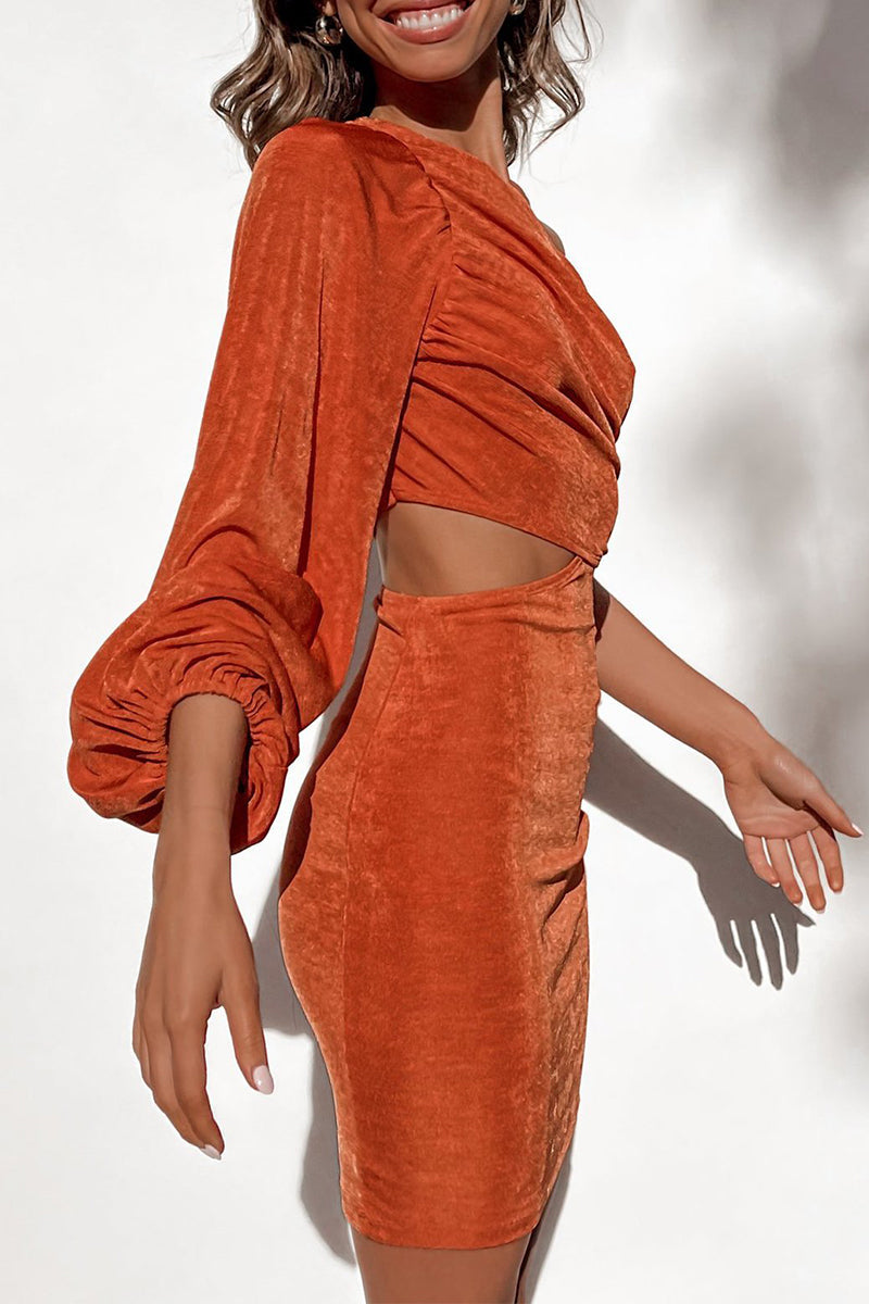 Hollowed Out Oblique Collar Wrapped Skirt Dresses