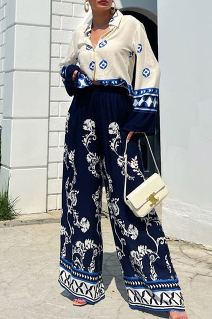 Geometric Print Turndown Collar Long Sleeve Two Pieces