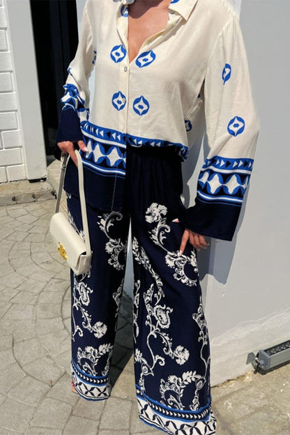 Geometric Print Turndown Collar Long Sleeve Two Pieces