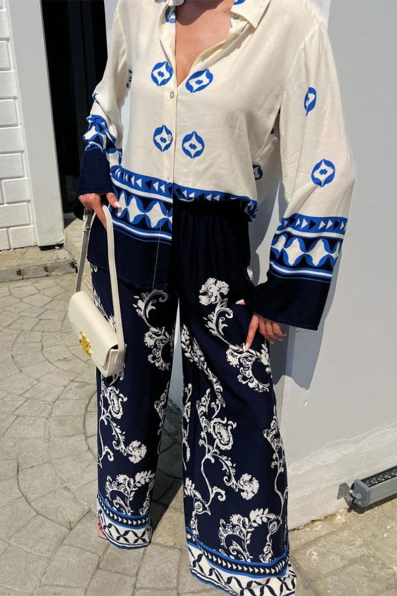 Geometric Print Turndown Collar Long Sleeve Two Pieces