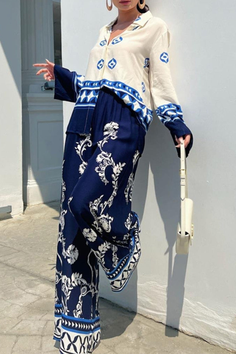 Geometric Print Turndown Collar Long Sleeve Two Pieces