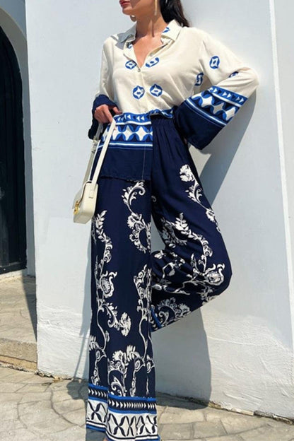 Geometric Print Turndown Collar Long Sleeve Two Pieces
