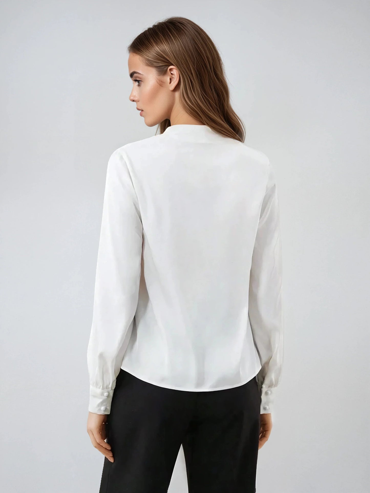 Deep V Neck Satin Long Sleeve Blouse for Business Elegance