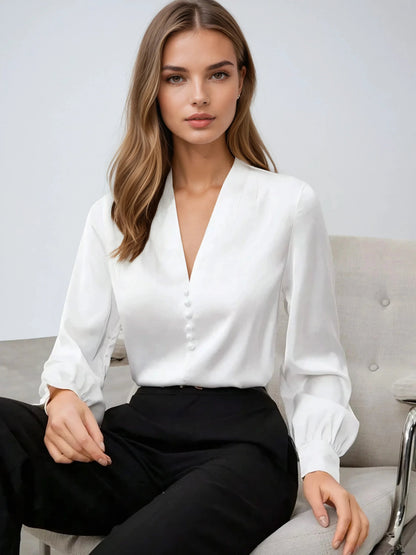 Deep V Neck Satin Long Sleeve Blouse for Business Elegance