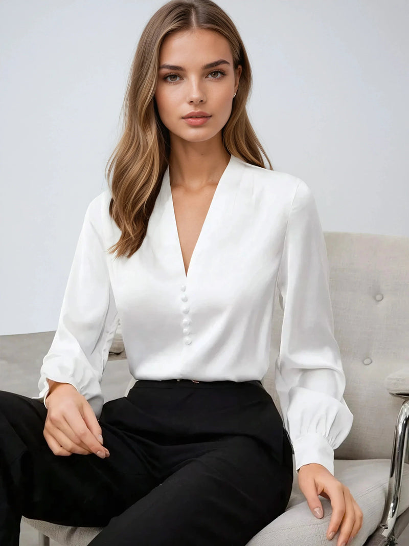 Deep V Neck Satin Long Sleeve Blouse for Business Elegance