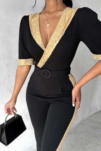 Patchwork Sequins V Neck Skinny Jumpsuits