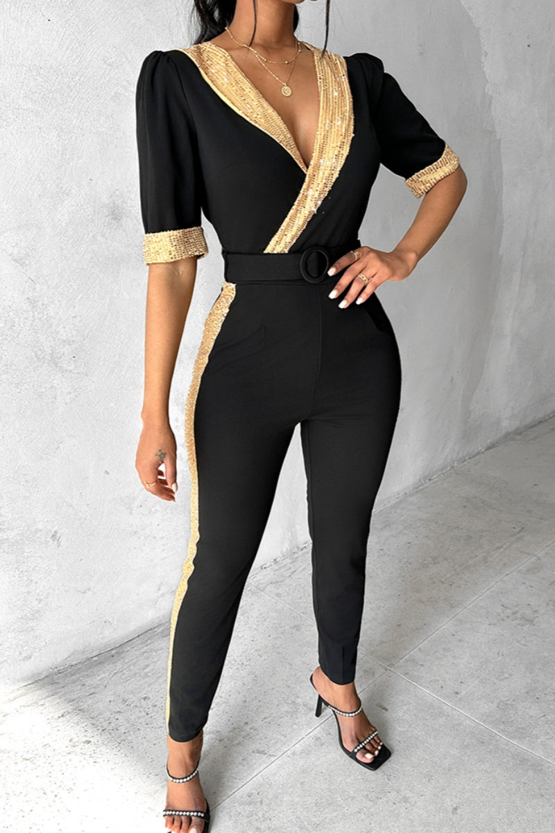 Patchwork Sequins V Neck Skinny Jumpsuits